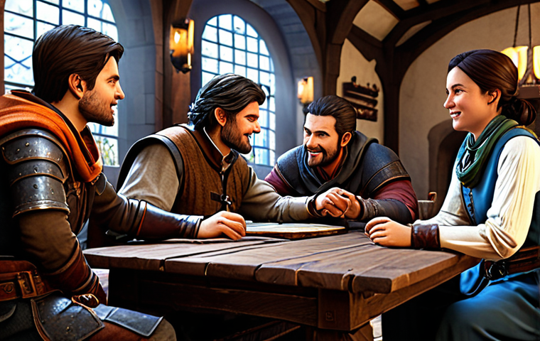 히트2 무과금 유저 생존법 - A determined character in modest fantasy armor, diligently completing daily quests near a bustling t...