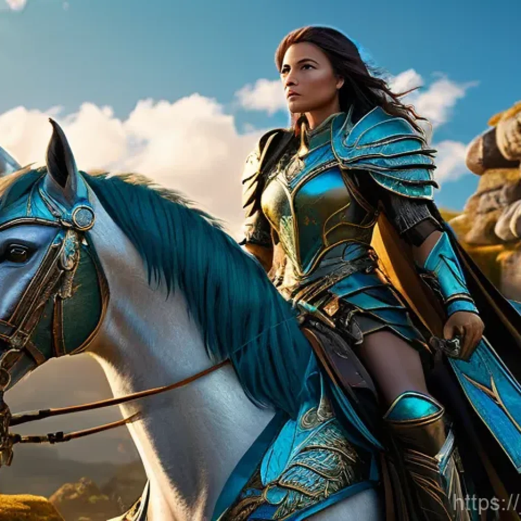 히트2 전설 탈것 획득 루트 - A majestic fantasy art scene. A powerful female adventurer in her mid-20s, with long, flowing dark h...