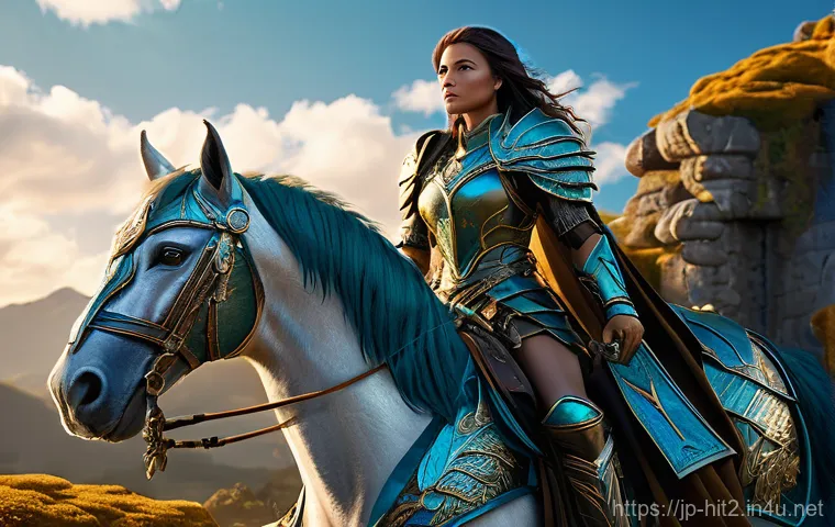 히트2 전설 탈것 획득 루트 - A majestic fantasy art scene. A powerful female adventurer in her mid-20s, with long, flowing dark h...