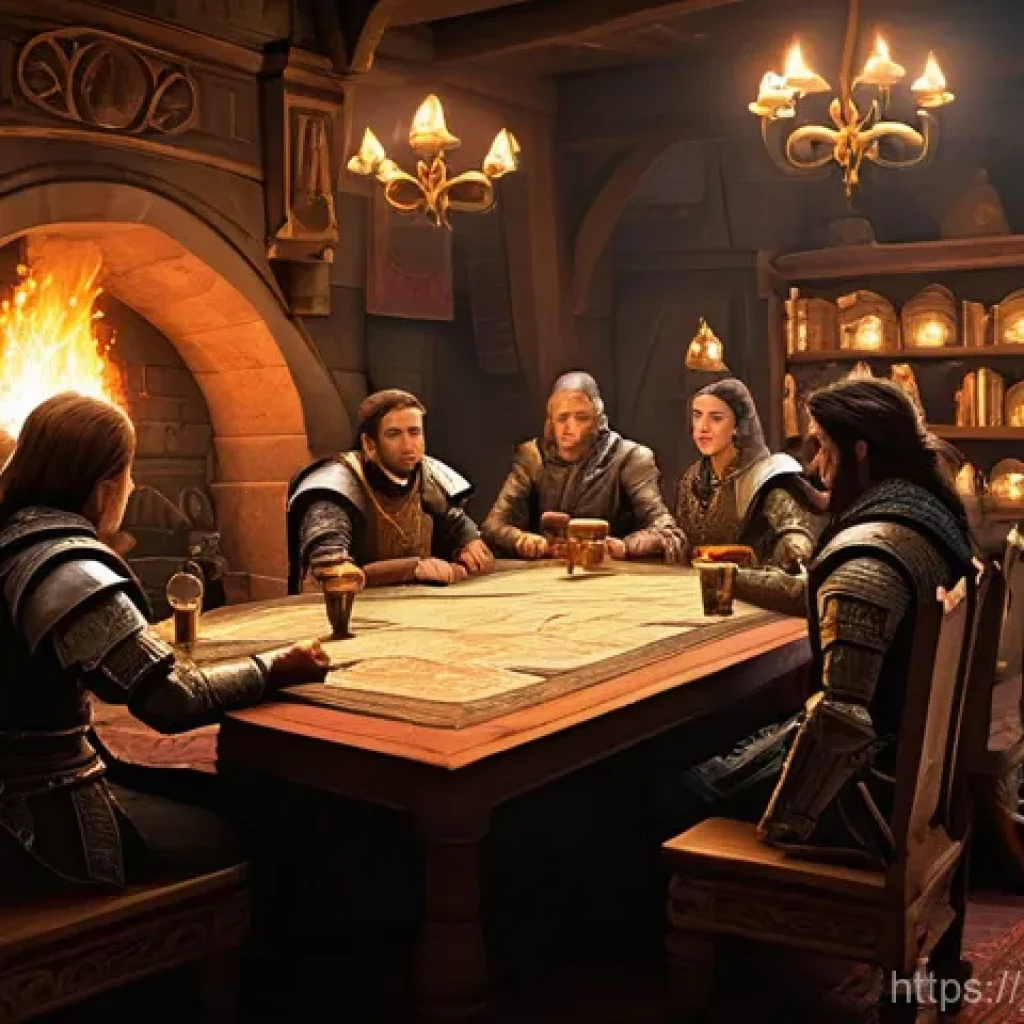 히트2 길드 시스템 이해 - **Prompt 1: "The Guild's Heart: A Lively Gathering"**
A vibrant and warm interior scene depictin...