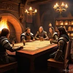 히트2 길드 시스템 이해 - **Prompt 1: "The Guild's Heart: A Lively Gathering"**
    A vibrant and warm interior scene depictin...