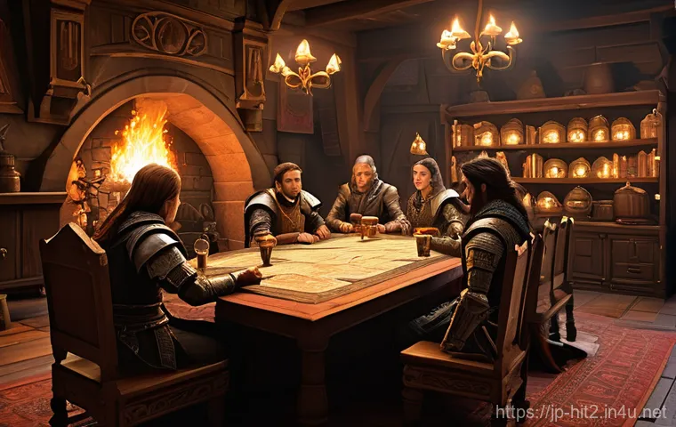 히트2 길드 시스템 이해 - **Prompt 1: "The Guild's Heart: A Lively Gathering"**
    A vibrant and warm interior scene depictin...