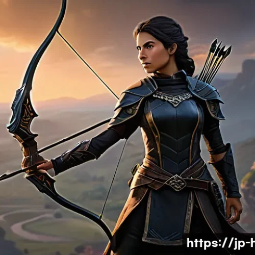 히트2 한국 서버 현황 - A powerful female archer, the "Fateful Crossbow Shadow" from HIT2, in a dynamic combat pose. She wea...