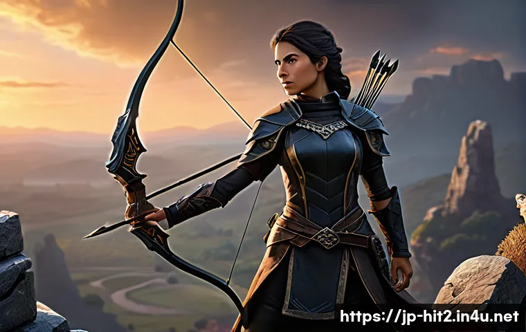 히트2 한국 서버 현황 - A powerful female archer, the "Fateful Crossbow Shadow" from HIT2, in a dynamic combat pose. She wea...